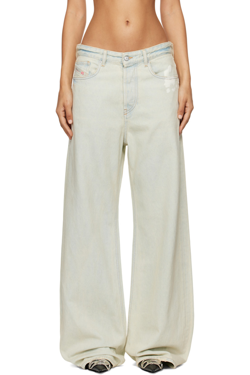 Relaxed-fit wide-leg non-stretch organic cotton denim jeans. Fading and bleach effect throughout.

· Low-rise 
· Belt loops
· Five-pocket styling
· Button-fly
· Logo patch at coin pocket
· Logo patch at back waistband
· Raw edge at back cuffs
· Contrast stitching in tan

Supplier color: Light blue