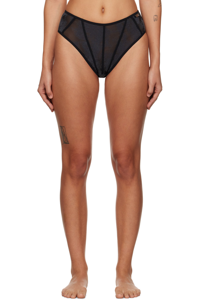 Sheer stretch nylon mesh briefs. Graphic pattern flocked throughout.

· High-rise
· Logo hardware at elasticized waistband
· Partial cotton jersey lining

Part of the Diesel + Savage X Fenty collaboration.

Supplier color: Black