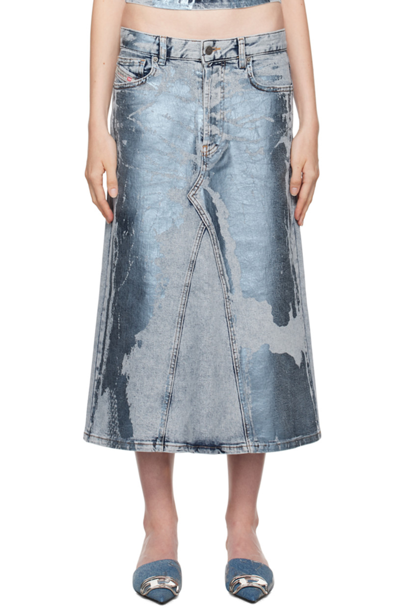 Foil-coated stretch cotton denim midi skirt. Distressing throughout.

· Paneled construction
· Belt loops
· Five-pocket styling
· Logo graphic embroidered at coin pocket
· Zip-fly
· Jacron logo patch at back waistband

Supplier color: Blue