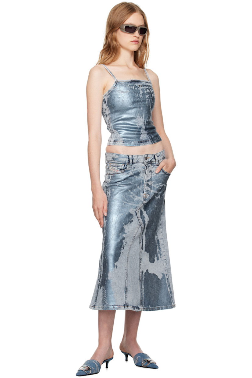 Foil-coated stretch cotton denim midi skirt. Distressing throughout.

· Paneled construction
· Belt loops
· Five-pocket styling
· Logo graphic embroidered at coin pocket
· Zip-fly
· Jacron logo patch at back waistband

Supplier color: Blue