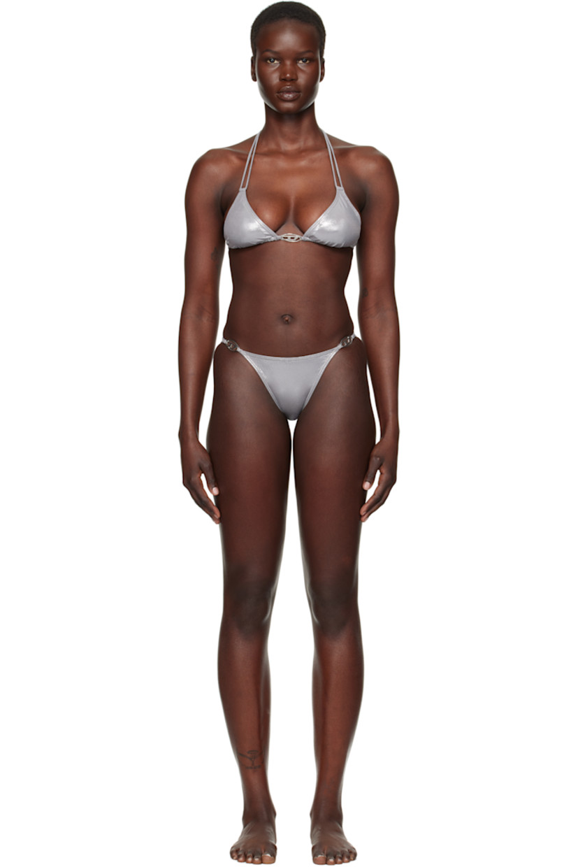 Stretch nylon lamé jersey bikini top.

· Removable padding at cups
· Logo hardware at chest
· Self-tie halter strap
· Self-tie fastening at back
· Full jersey lining

Stretch nylon lamé jersey bikini bottom.

· Logo hardware at elasticized waistband
· Partial jersey lining

Supplier color: Silver