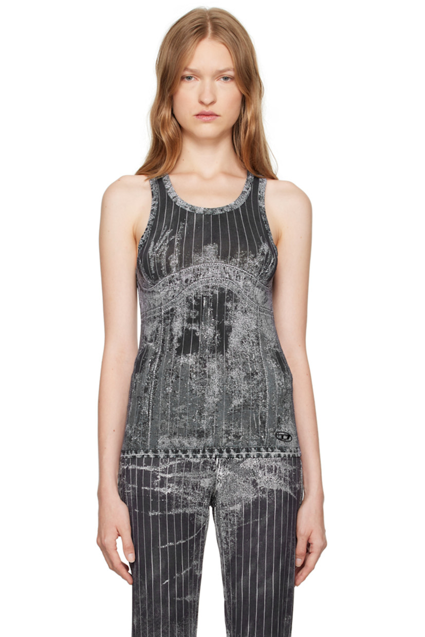Stretch nylon jersey tank top. Trompe l'œil graphic printed throughout.

· Scoop neck
· Logo embroidered at hem

Supplier color: Black