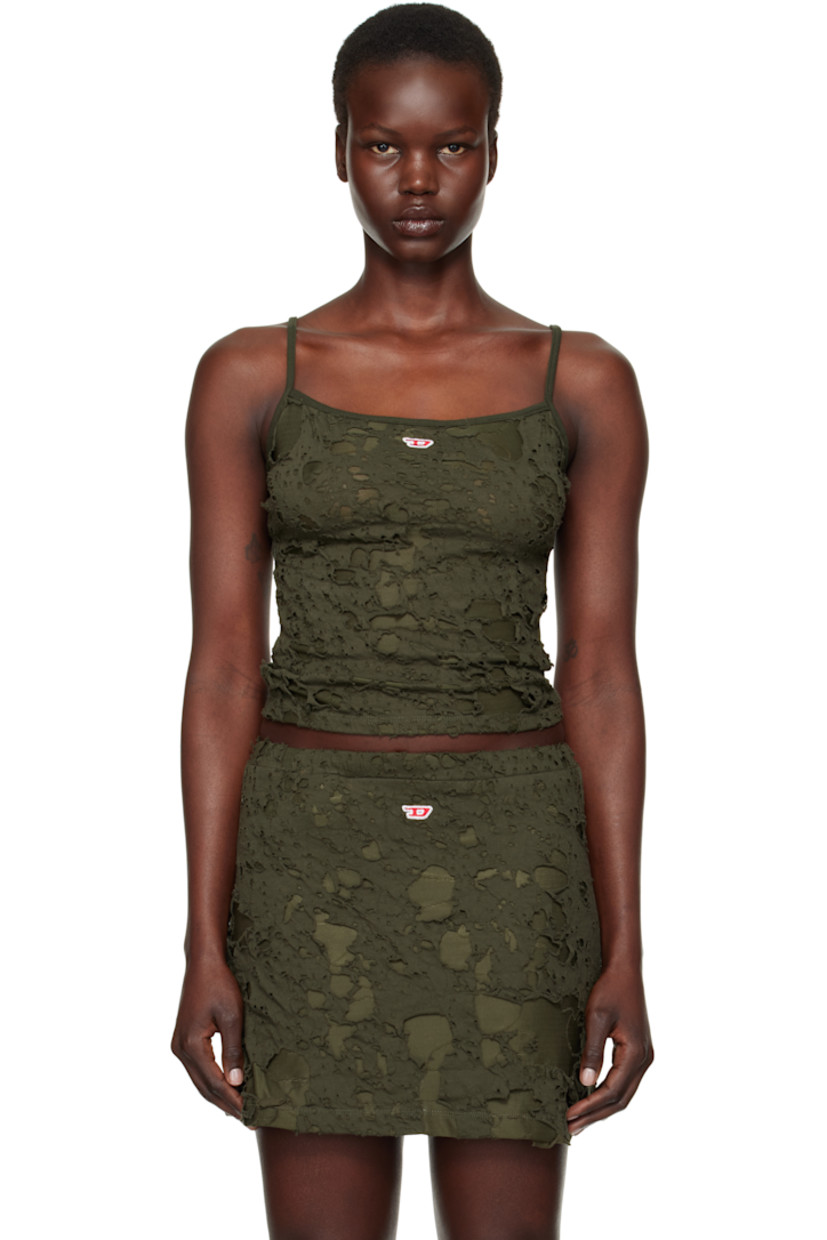 Semi-sheer stretch cotton jersey tank top. Distressing throughout.

· Square neck
· Embroidered logo patch at chest
· Fixed spaghetti straps

Supplier color: Khaki
