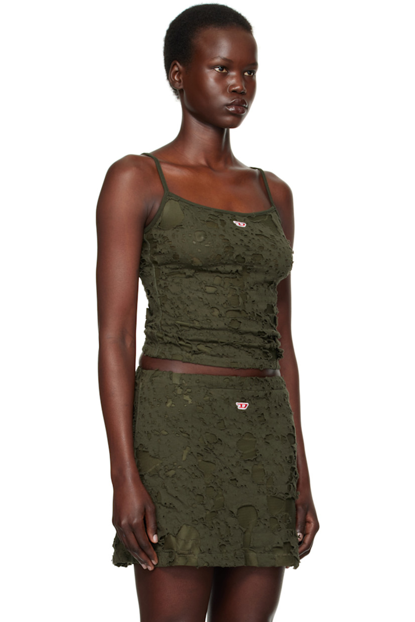 Semi-sheer stretch cotton jersey tank top. Distressing throughout.

· Square neck
· Embroidered logo patch at chest
· Fixed spaghetti straps

Supplier color: Khaki