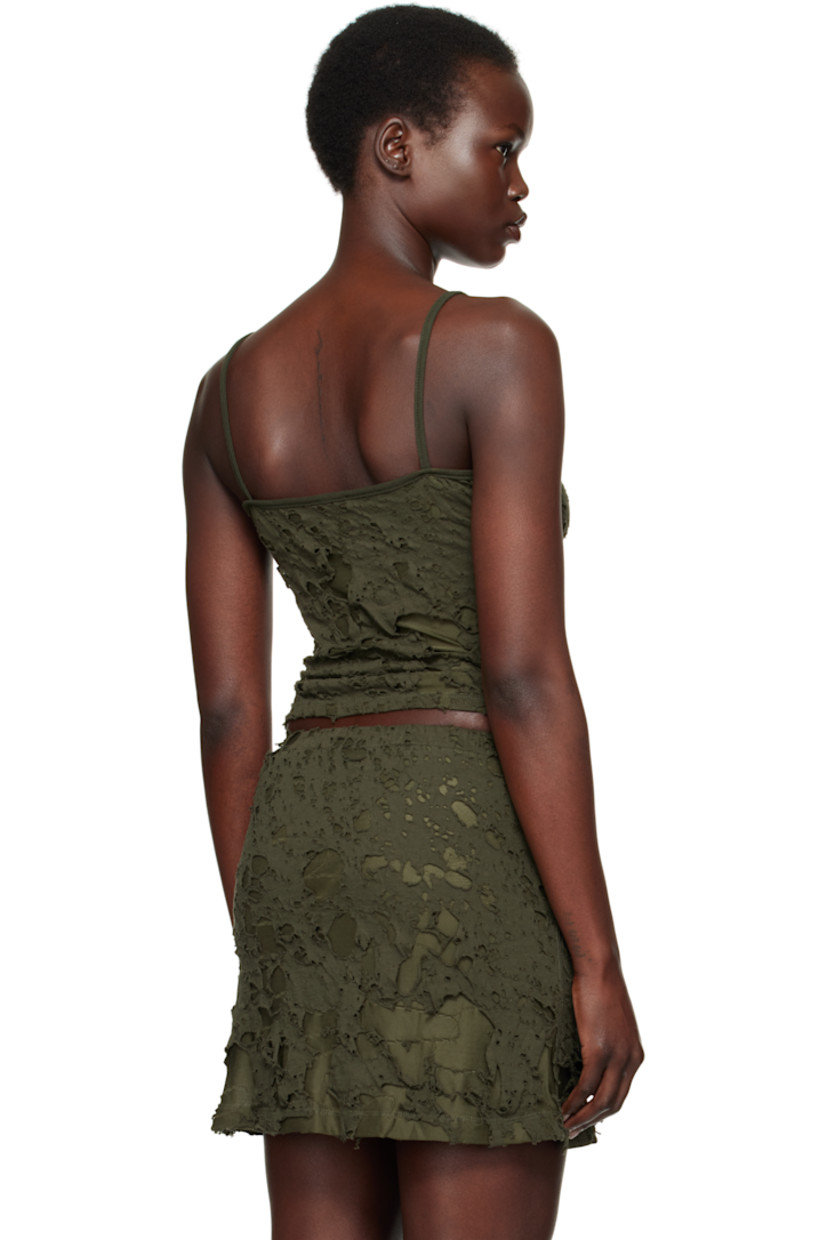 Semi-sheer stretch cotton jersey tank top. Distressing throughout.

· Square neck
· Embroidered logo patch at chest
· Fixed spaghetti straps

Supplier color: Khaki
