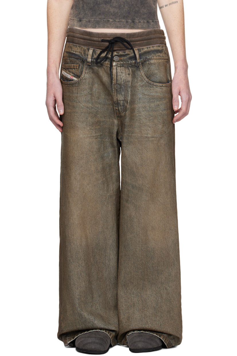 Loose-fit coated non-stretch denim jeans. 

· Paneled construction
· Drawstring at elasticized waistband
· Belt loops
· Button fly
· Five-pocket styling
· Logo patch at coin pocket
· Logo-engraved gunmetal-tone hardware
· Contrast stitching in tan

Supplier color: Brown