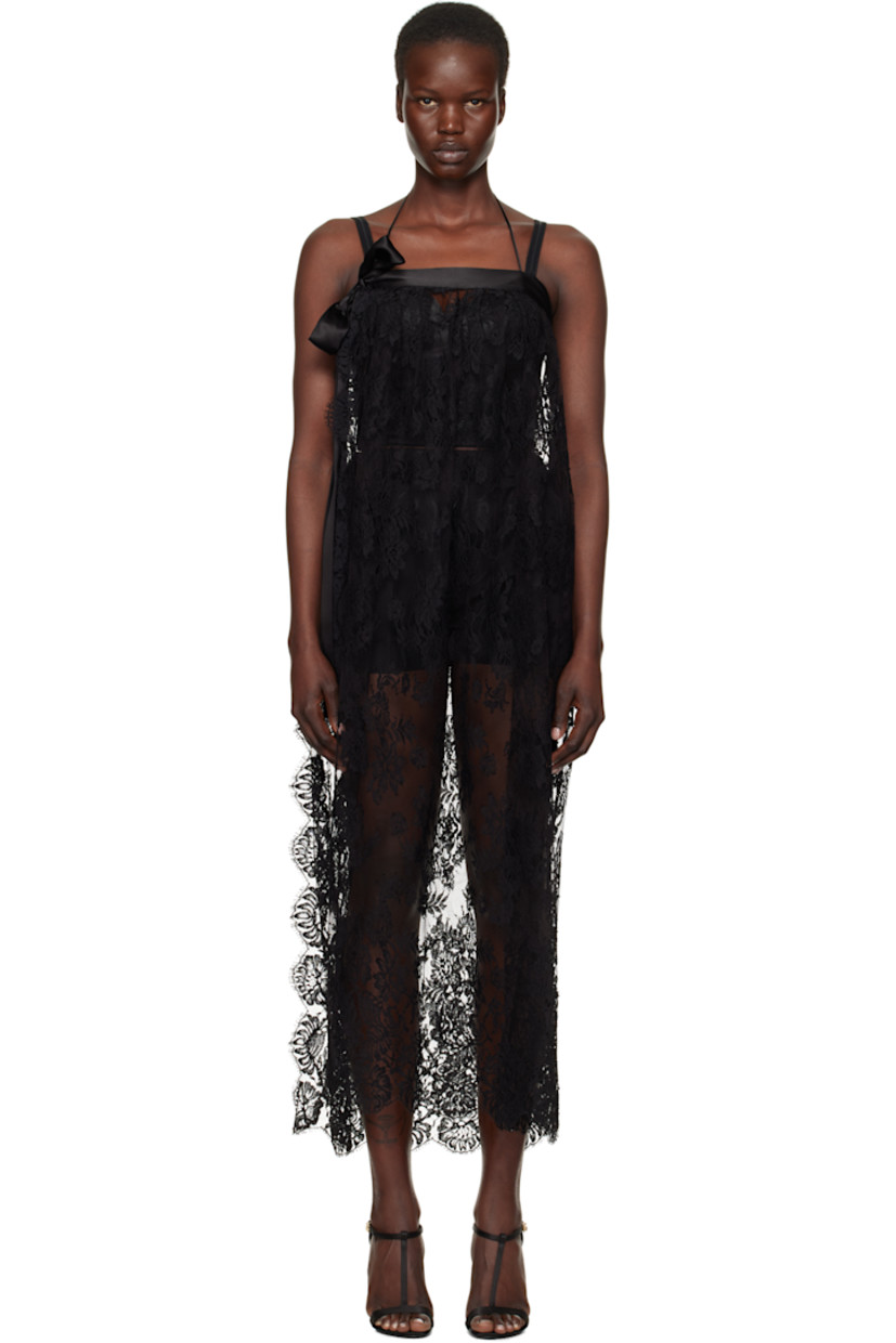 Sheer cotton-blend lace midi dress. Jacquard floral pattern and scalloped edges throughout.

· Wrap construction
· Satin self-tie strap at straight neck 
· Self-tie halter straps
· Gathering at chest
· Vent at side seam 

Supplier color: Nero