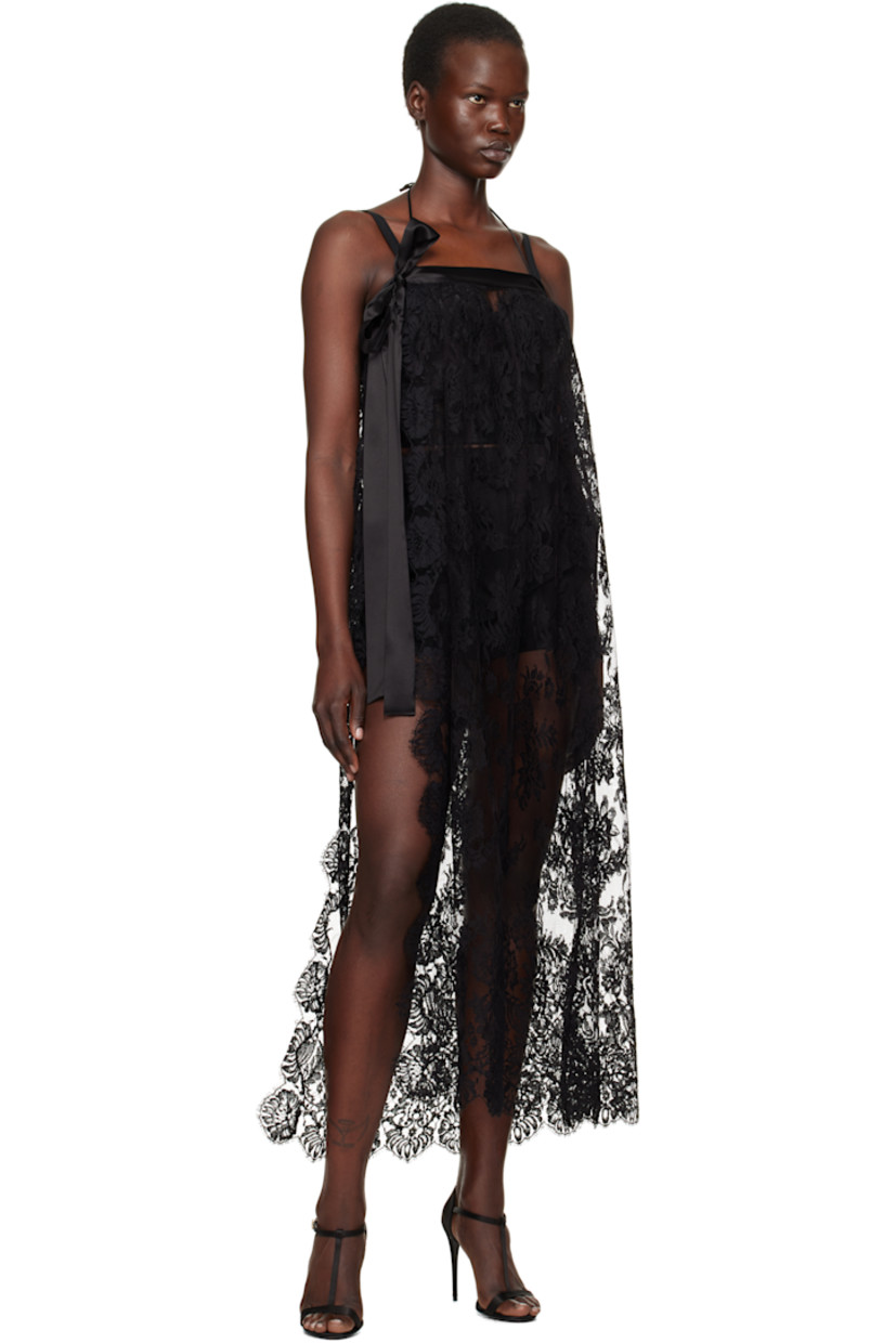 Sheer cotton-blend lace midi dress. Jacquard floral pattern and scalloped edges throughout.

· Wrap construction
· Satin self-tie strap at straight neck 
· Self-tie halter straps
· Gathering at chest
· Vent at side seam 

Supplier color: Nero