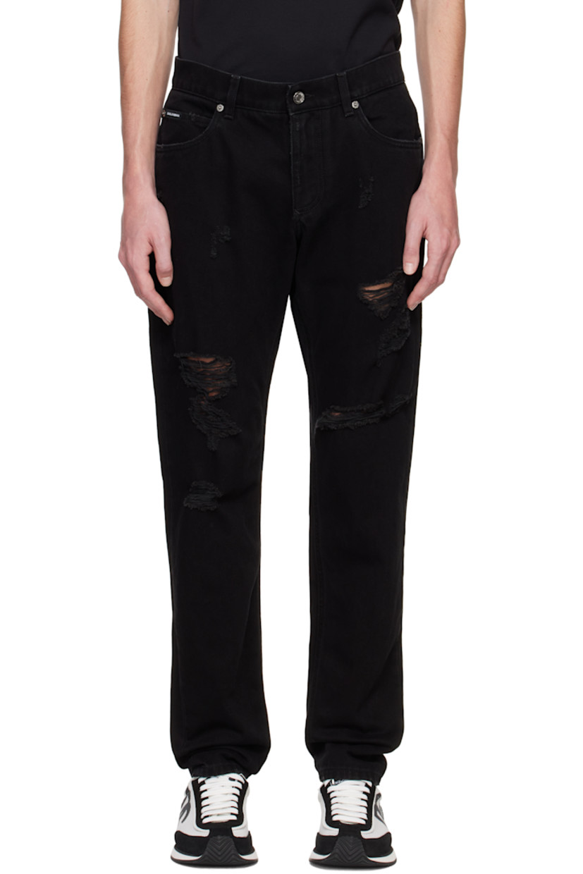 Non-stretch denim jeans. Distressing and subtle fading throughout.

· Belt loops
· Five-pocket styling
· Zip-fly
· Logo patch at coin pocket 
· Logo plaque at back pocket
· Logo-engraved silver-tone hardware

Supplier color: Black