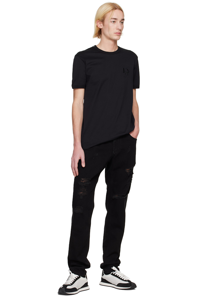 Non-stretch denim jeans. Distressing and subtle fading throughout.

· Belt loops
· Five-pocket styling
· Zip-fly
· Logo patch at coin pocket 
· Logo plaque at back pocket
· Logo-engraved silver-tone hardware

Supplier color: Black