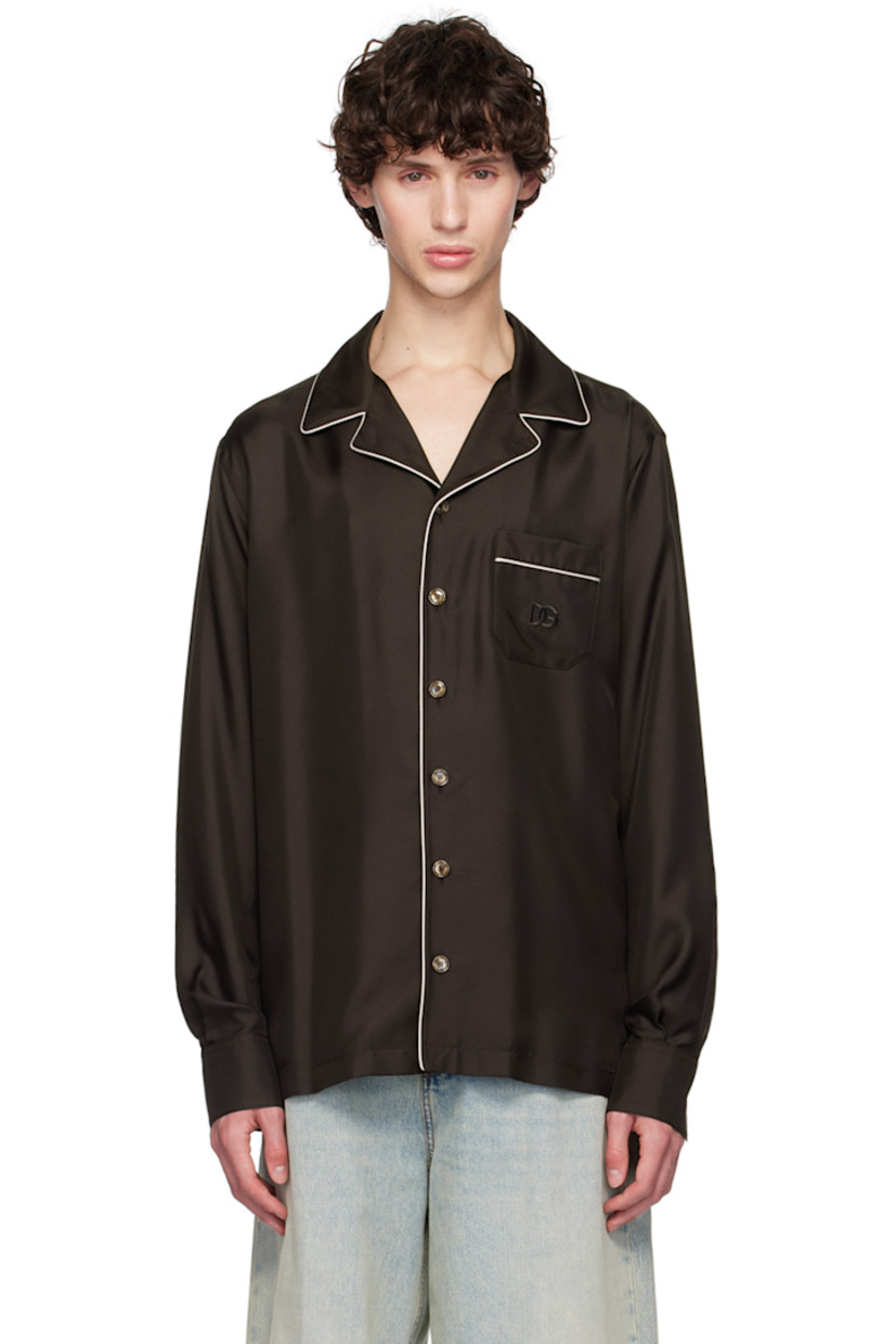 Loose-fit silk twill shirt. Piping throughout. 

· Open spread collar 
· Button closure 
· Logo embroidered at patch pocket 
· Vented side seams
· Dropped shoulders
· Single-button barrel cuffs
· Twin pleats at back yoke

Supplier color: Marrone/Grigio