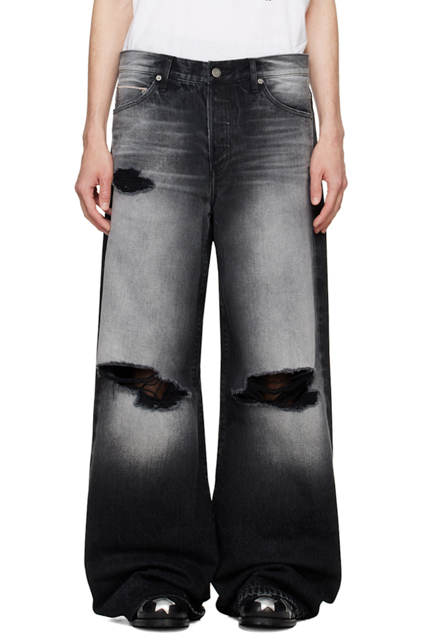 Wide-leg non-stretch selvedge denim jeans. Fading, whiskering, and distressing throughout.

· Belt loops
· Five-pocket styling
· Button-fly
· Rips at legs
· Sherpa fleece logo patch at back waistband
· Logo-engraved antiqued silver-tone hardware

Supplier color: Palermo wash