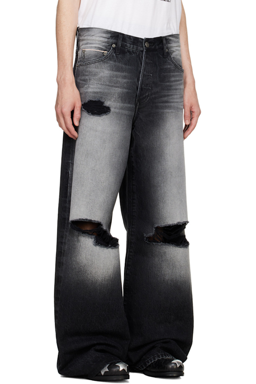 Wide-leg non-stretch selvedge denim jeans. Fading, whiskering, and distressing throughout.

· Belt loops
· Five-pocket styling
· Button-fly
· Rips at legs
· Sherpa fleece logo patch at back waistband
· Logo-engraved antiqued silver-tone hardware

Supplier color: Palermo wash