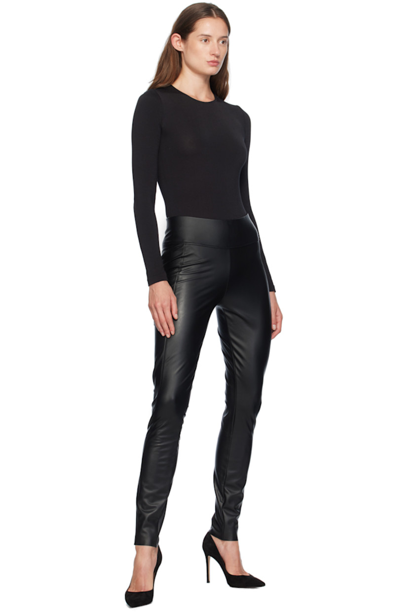 Stretch faux-leather leggings. 

· Elasticized waistband
· Raw edge at cuffs

Supplier color: Black