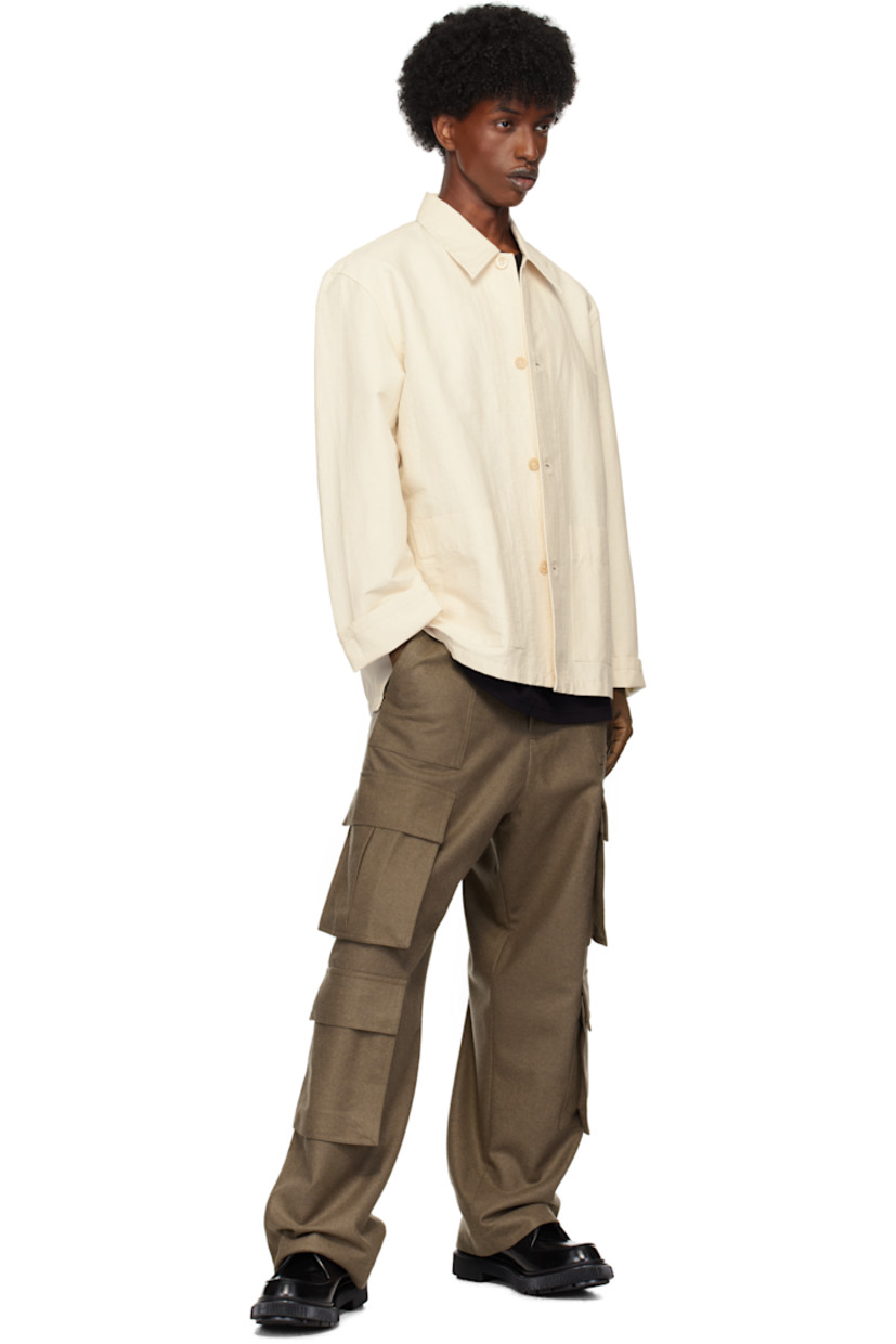 Polyester- and cotton-blend flannel cargo pants.

· Paneled construction
· Belt loops
· Four-pocket styling
· Zip-fly
· Cargo pockets at outseams

Supplier color: Greige