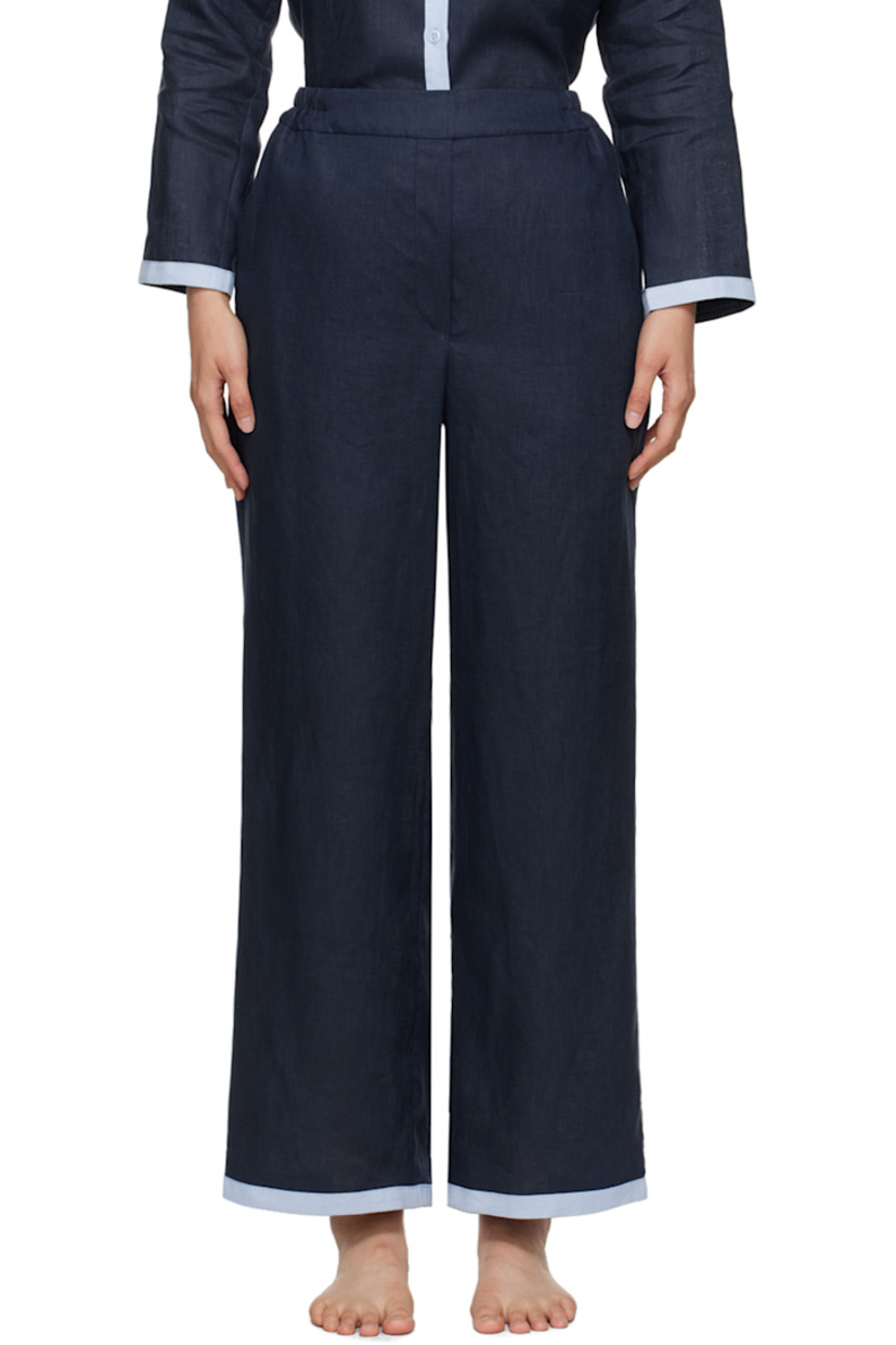 Relaxed-fit wide-leg linen hopsack trousers.

· High-rise
· Partially elasticized waistband
· Two-pocket styling
· Mock-fly
· Cropped cuffs

Supplier color: Navy