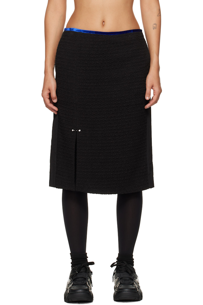 Polyester faille midi skirt. Smocking throughout. 

· Low-rise
· Velvet trim at waist
· Graphic hardware at front
· Slit at front hem
· Zip closure at back
· Fixed hardware and logo flag at back

Supplier color: Black