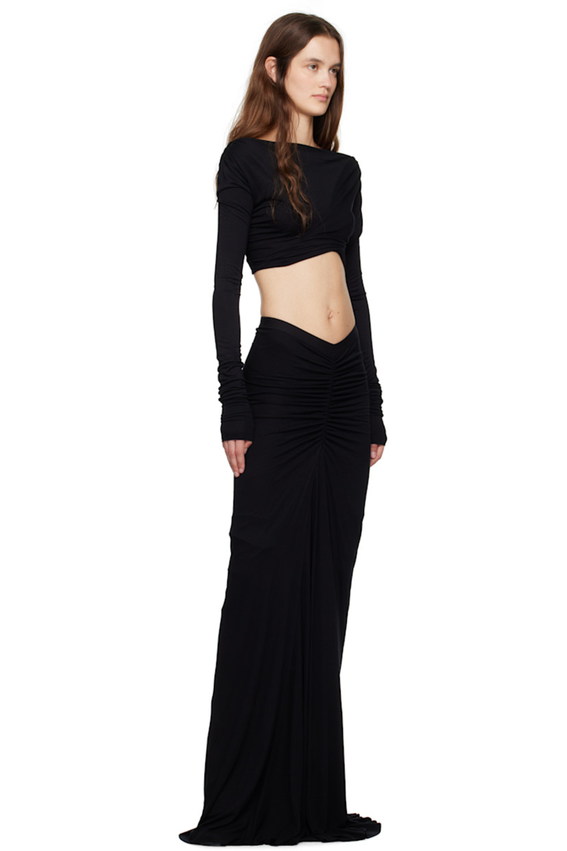 FSC®-certified viscose jersey T-shirt. Draping throughout.

· Boat neck
· Cropped hem
· Gathering at shoulders
· Raw edge at extended cuffs
· Twisted detailing and cutout at low back

Supplier color: Black