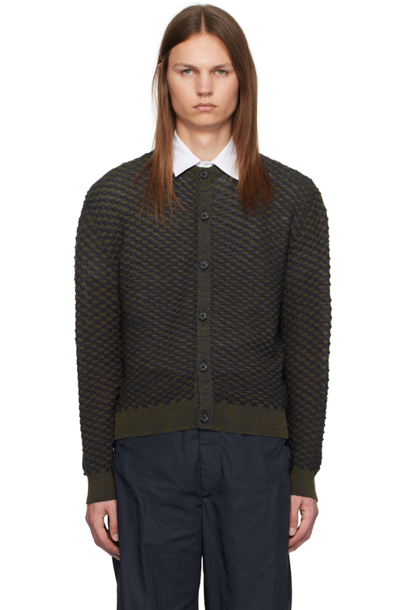 Textured knit wool cardigan.

· Rib knit crewneck, hem, and cuffs
· Button closure

Supplier color: Navy/Green