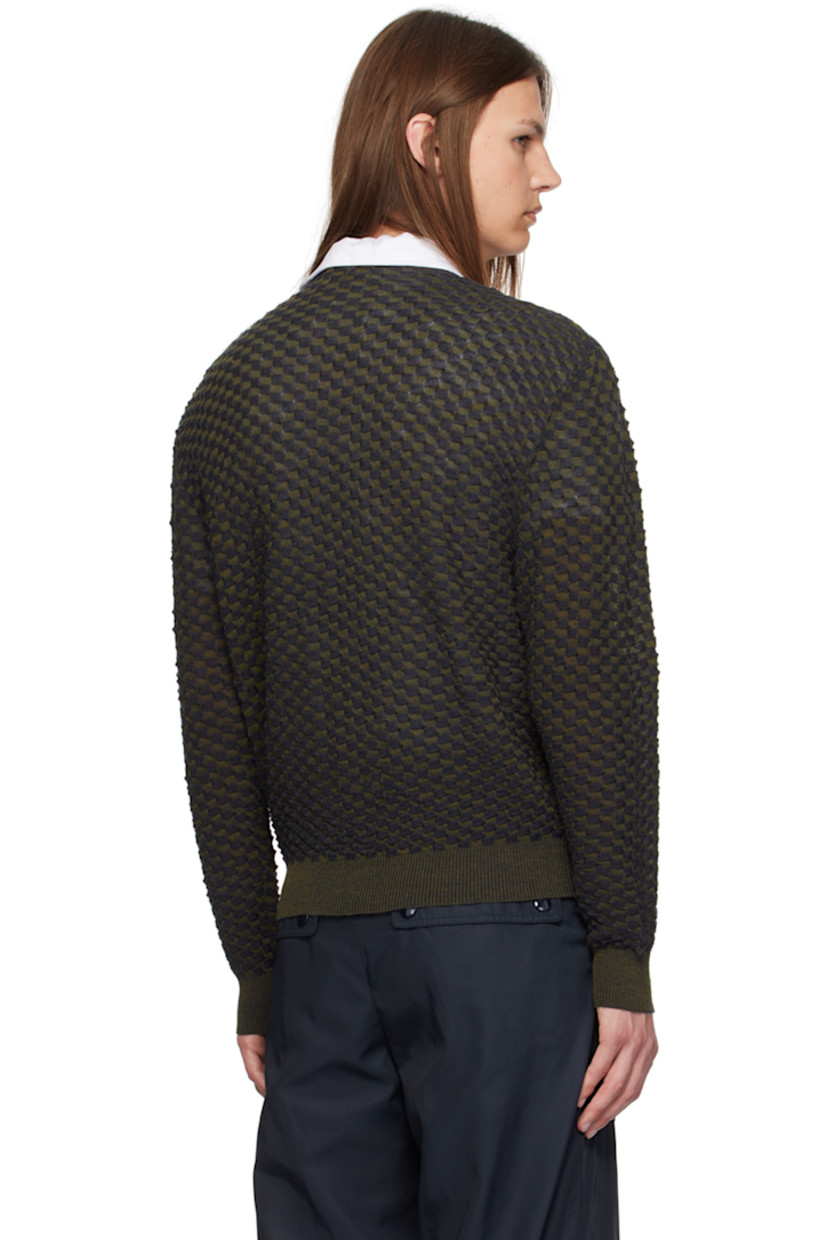 Textured knit wool cardigan.

· Rib knit crewneck, hem, and cuffs
· Button closure

Supplier color: Navy/Green