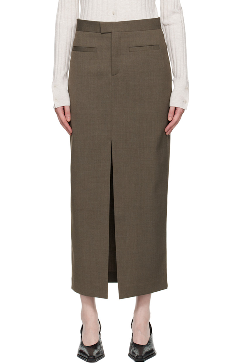 Slim-fit stretch polyester- and wool-blend delaine skirt.

· Mid-rise
· Two-pocket styling
· Zip-fly
· Central slit at front hem
· Partial satin lining

Supplier color: Driftwood