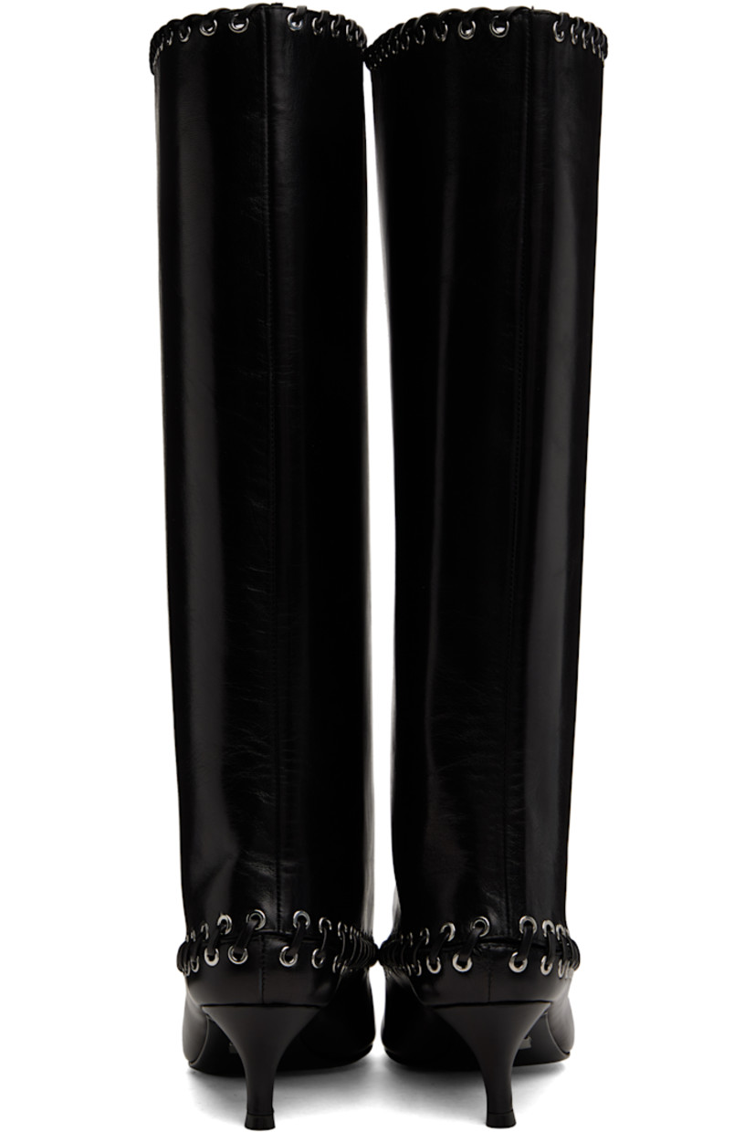Knee-high nappa leather boots in black. 

· Pointed toe
· Eyelets and whipstitching at vamp and collar
· Bow at vamp and collar
· Mesh sock-style lining with webbing pull-loop 
· Covered kitten heel with rubber injection
· Logo plaque at leather sole
· Heel: H2.25"

Supplier color: Nappa black