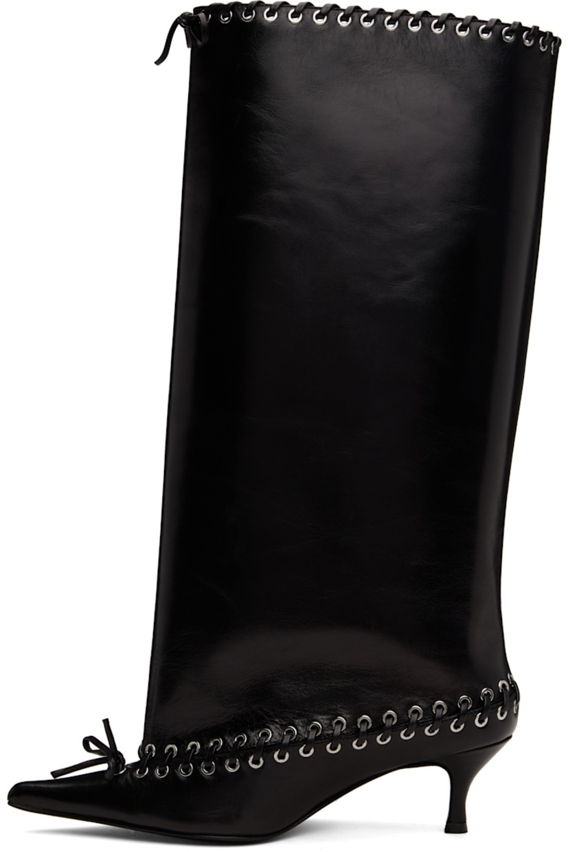 Knee-high nappa leather boots in black. 

· Pointed toe
· Eyelets and whipstitching at vamp and collar
· Bow at vamp and collar
· Mesh sock-style lining with webbing pull-loop 
· Covered kitten heel with rubber injection
· Logo plaque at leather sole
· Heel: H2.25"

Supplier color: Nappa black