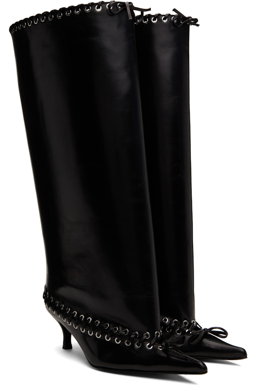 Knee-high nappa leather boots in black. 

· Pointed toe
· Eyelets and whipstitching at vamp and collar
· Bow at vamp and collar
· Mesh sock-style lining with webbing pull-loop 
· Covered kitten heel with rubber injection
· Logo plaque at leather sole
· Heel: H2.25"

Supplier color: Nappa black