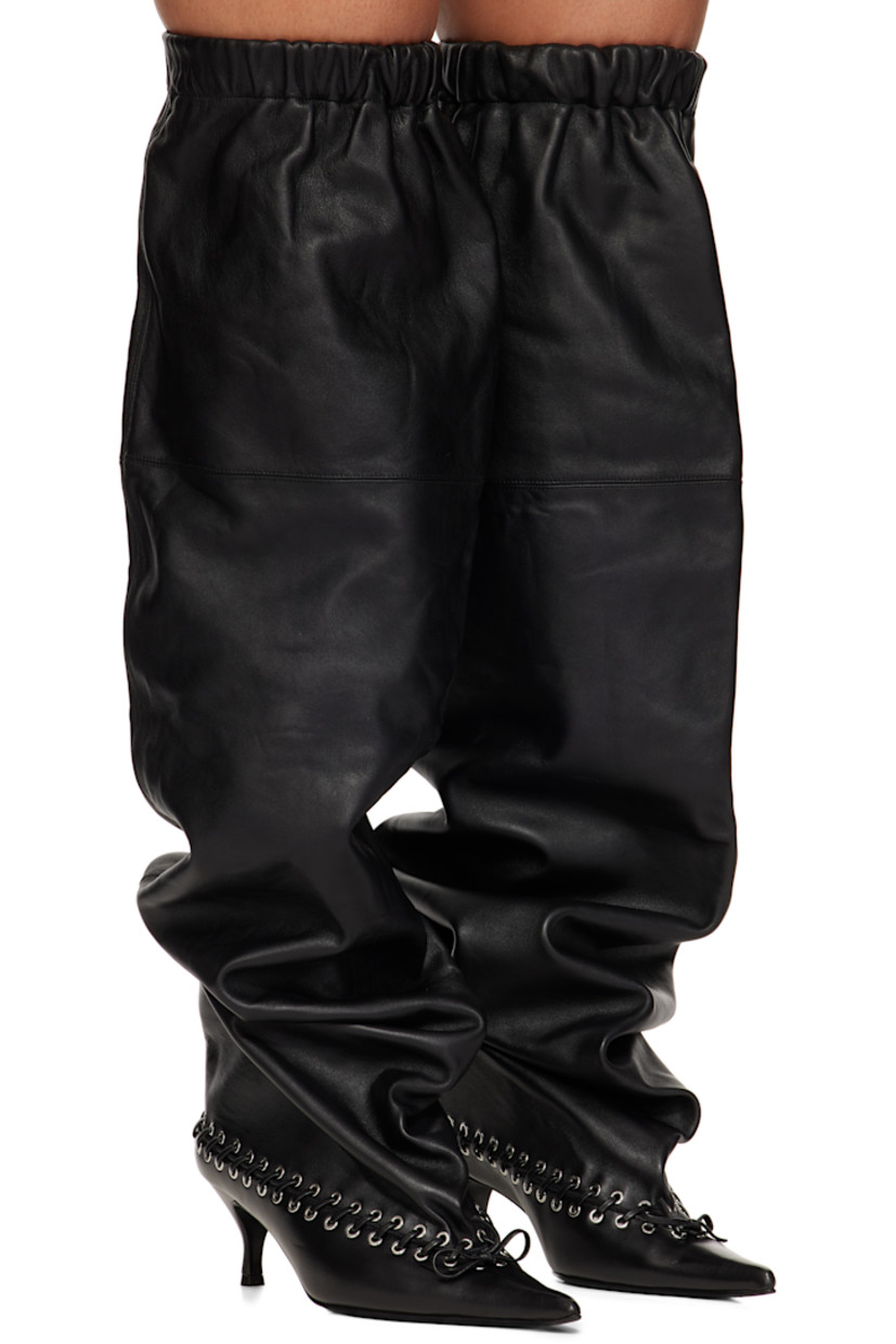 Over-the-knee nappa leather boots in black.

· Paneled construction
· Pointed toe
· Eyelets and whipstitching at vamp
· Bow at vamp
· Elasticized collar
· Mesh sock-style lining with webbing pull-loop
· Covered kitten heel with rubber injection
· Logo plaque at leather sole
· Heel: H2.25"

Supplier color: Nappa black