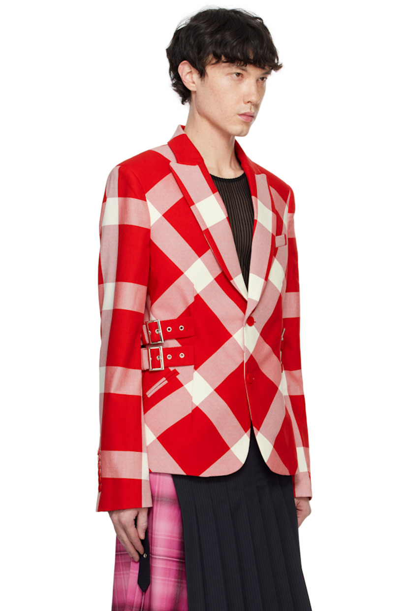 Cotton twill blazer. Jacquard tartan pattern throughout.

· Peaked lapel
· Button closure
· Welt pockets
· Pin-buckle tabs at side seams
· Padded shoulders
· Six-button surgeon's cuffs
· Central vent at back hem
· Welt pockets at interior
· Full acetate-blend satin lining

Supplier color: Red