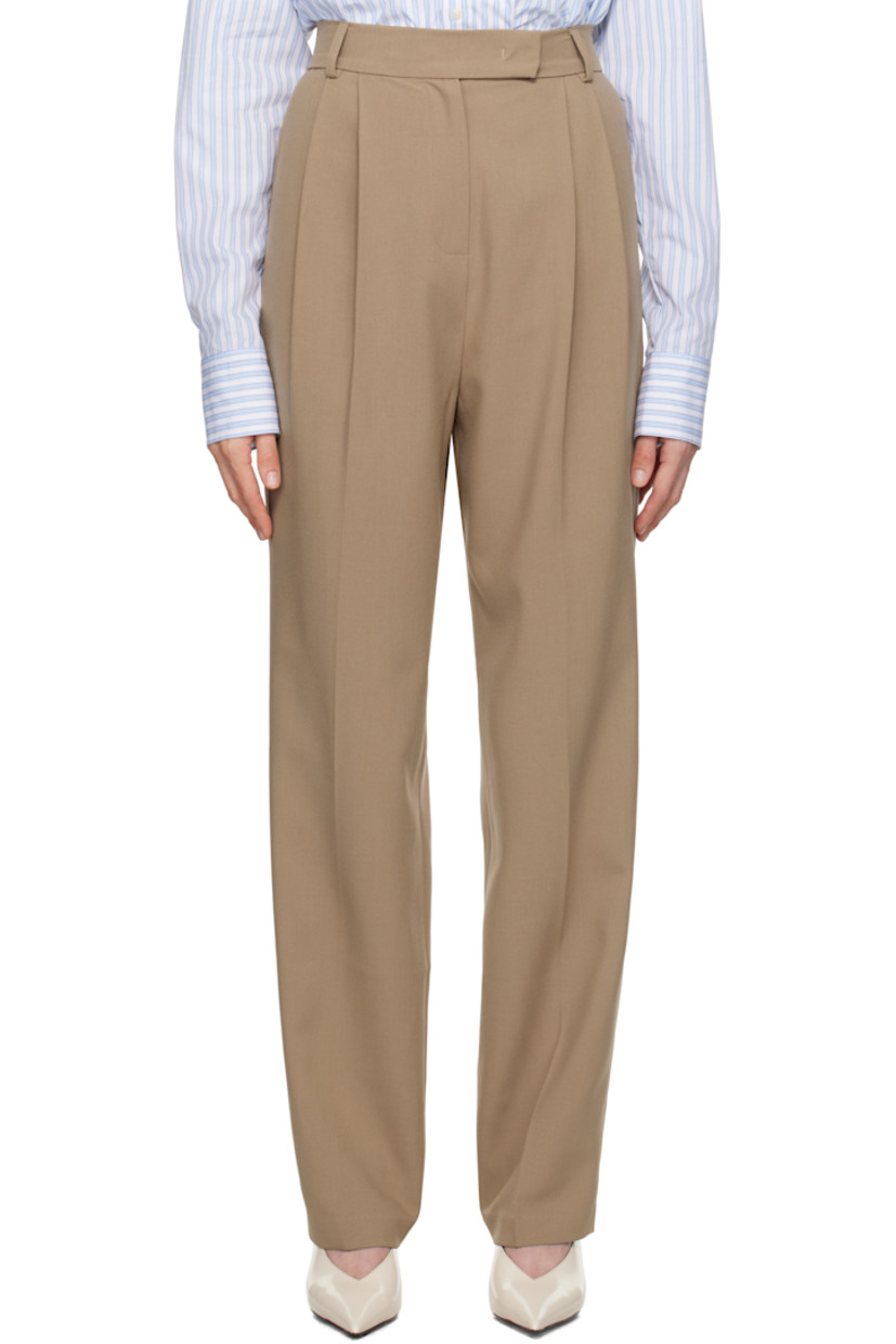 Relaxed-fit and straight-leg stretch polyester broadcloth trousers.

· Belt loops
· Four-pocket styling
· Zip-fly
· Pleats at front
· Creased legs
· Darts at back
· Horn hardware

Supplier color: Latte