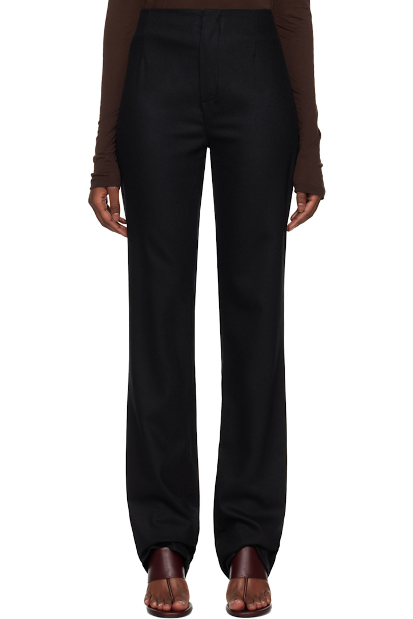 Slim-fit and straight-leg plain-woven stretch virgin wool trousers.

· Lightweight
· High-rise
· Single-pocket styling
· Zip-fly
· Darts at front

Supplier color: Black