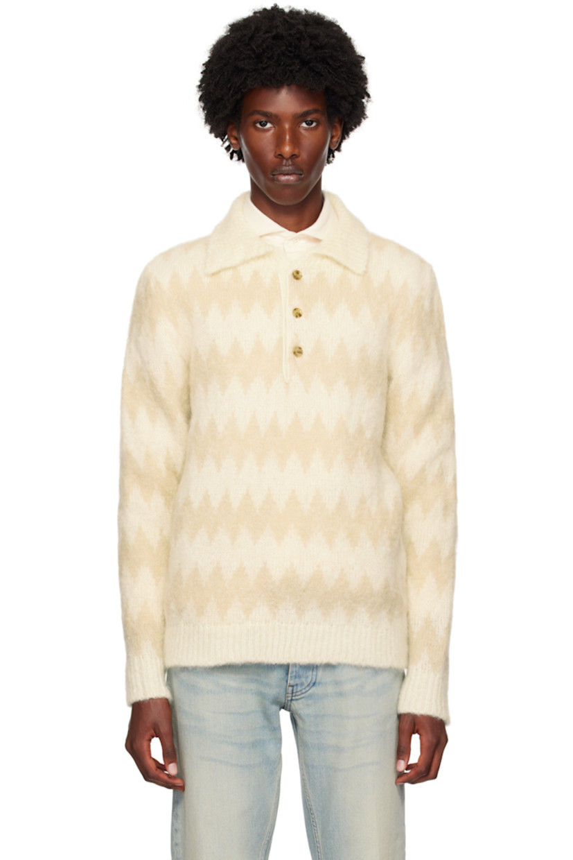 3-gauge knit stretch mohair-blend polo. Jacquard graphic pattern throughout.

· Rib knit spread collar, hem, and cuffs
· Three-button placket

Supplier color: White/Beige