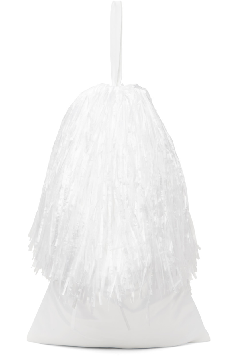 Satin top handle bag in white.

· Tinsel at fixed carry handle
· Drawstring closure
· Plain-woven lining
· H13" x W13.5" x D1"

Supplier color: Optic white