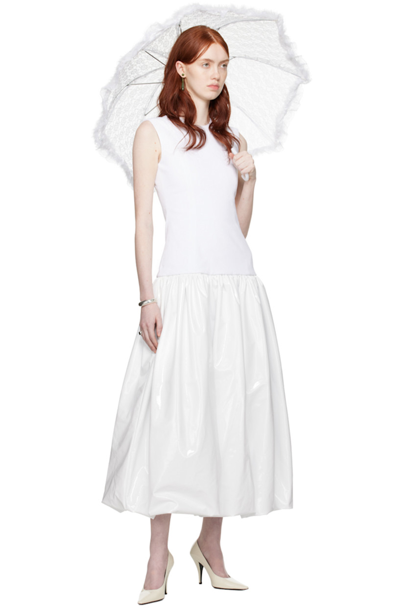 Paneled stretch denim and coated polyester jersey dress.

· Round neck
· Princess seams at front and back
· Gathering at drop waist
· Structured bubble hem
· Concealed zip closure at back
· Full oxford cloth lining

Part of the exclusive SSENSE Bridal capsule.

Supplier color: White