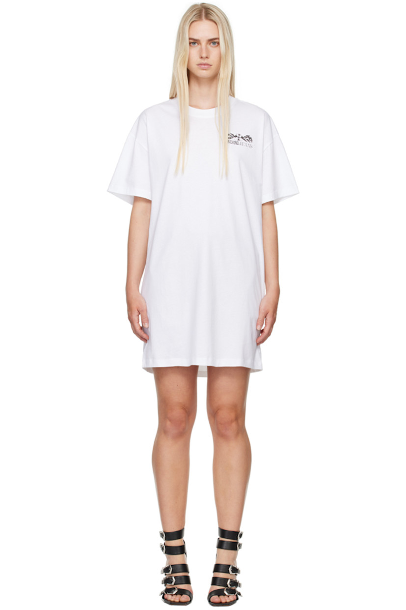 Cotton jersey T-shirt-style dress.

· Rib knit crewneck
· Logo graphic printed at chest and back

Supplier color: Fantasia bianco