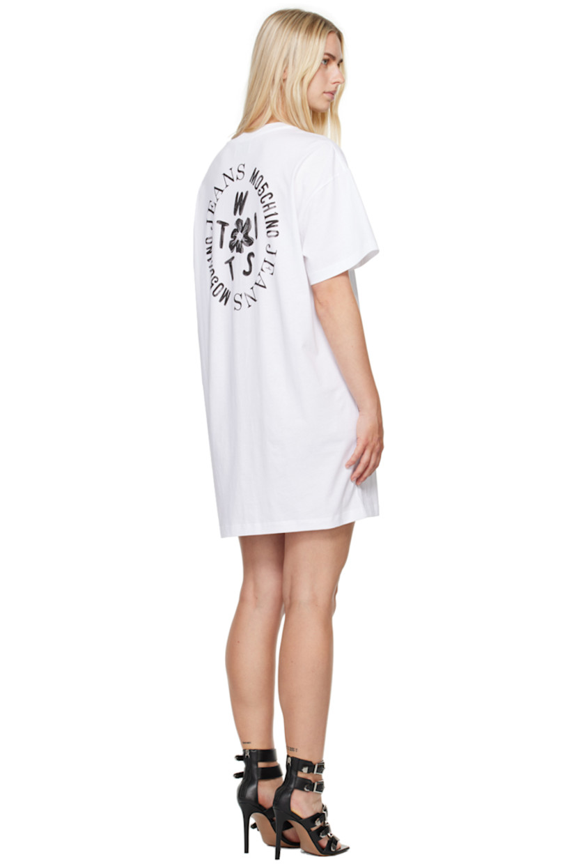 Cotton jersey T-shirt-style dress.

· Rib knit crewneck
· Logo graphic printed at chest and back

Supplier color: Fantasia bianco