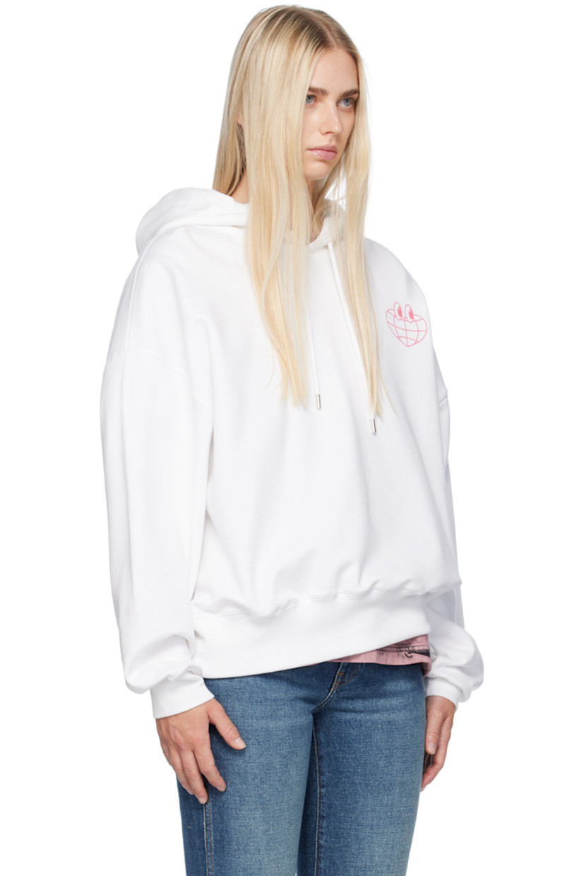 French terry hoodie. 

· Drawstring at hood
· Graphic printed at chest
· Rib knit hem and cuffs
· Dropped shoulders  
· Logo graphic printed at back 
· Text printed at back 

Supplier color: Fantasia bianco