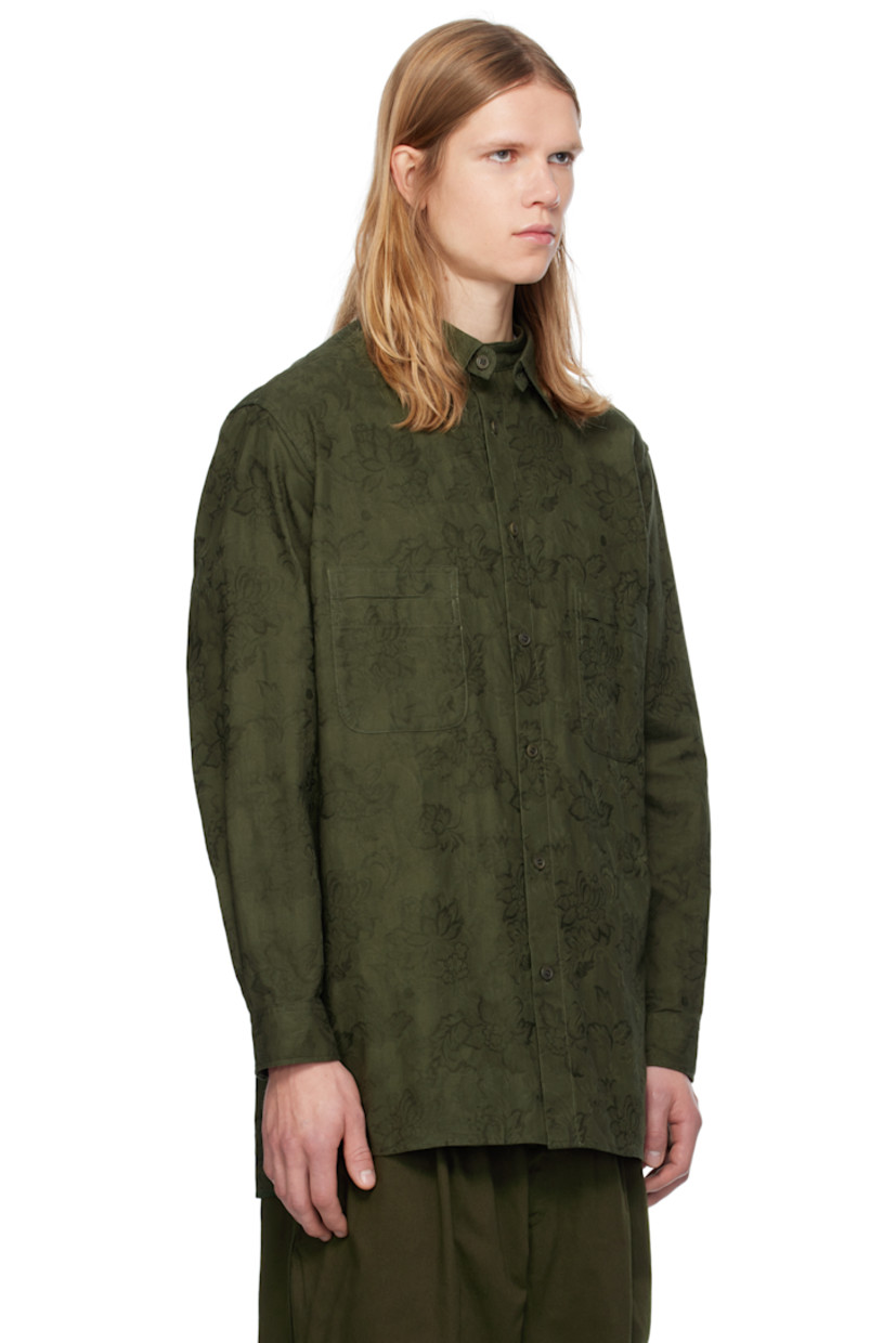 Garment-dyed cotton twill shirt. Jacquard floral pattern throughout. 

· Detachable spread collar converts to band collar 
· Button closure
· Patch pockets
· Droptail hem
· Vented side seams
· Pleats at single-button barrel cuffs

Supplier color: Khaki