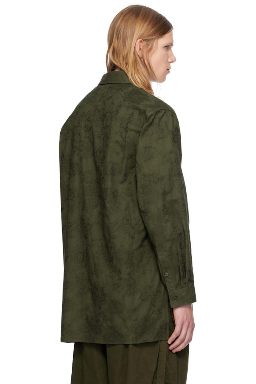 Garment-dyed cotton twill shirt. Jacquard floral pattern throughout. 

· Detachable spread collar converts to band collar 
· Button closure
· Patch pockets
· Droptail hem
· Vented side seams
· Pleats at single-button barrel cuffs

Supplier color: Khaki