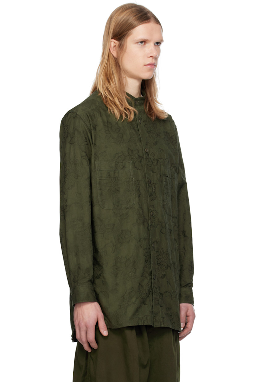 Garment-dyed cotton twill shirt. Jacquard floral pattern throughout. 

· Detachable spread collar converts to band collar 
· Button closure
· Patch pockets
· Droptail hem
· Vented side seams
· Pleats at single-button barrel cuffs

Supplier color: Khaki
