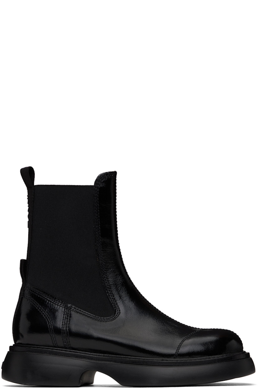 Ankle-high polished faux-leather Chelsea boots in black. Logo-bonded pull-loop at heel collar and counter.

· Elasticized gusset at sides
· Logo bonded at heel
· Grained faux-leather lining
· Treaded rubber sole
· Heel: H1.5"

Supplier color: Black