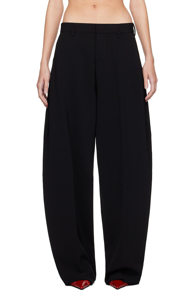 Polyester crepe trousers. 

· Belt loops
· Four-pocket styling
· Button-fly
· Creased legs 
· Curved outseams
· Locker loop at back waistband 
· Logo hardware at back pocket

Supplier color: Black