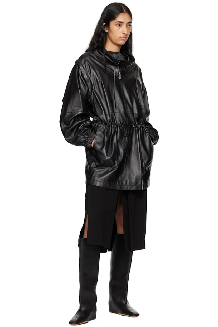 Buffed lambskin dress.

· Zip expansion panel at funnel neck
· Drawstring at collar
· Flap pocket at front
· Cord-lock drawstring at waist
· Seam pockets
· Detachable sleeves for alternate styling
· Pleats at sleeves
· Elasticized cuffs

Supplier color: Black