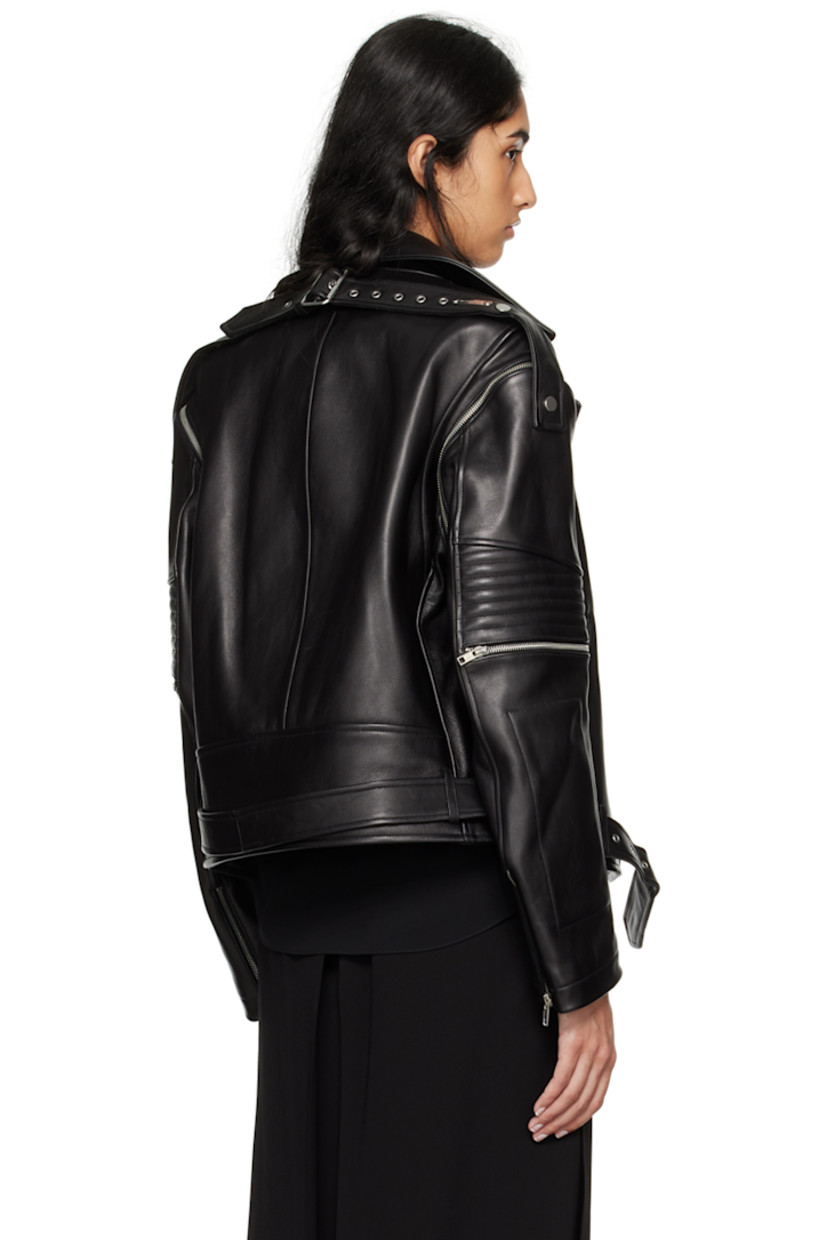 Buffed leather jacket. Pin-buckle strap at back yoke attaches to sleeves for alternate styling.

· Press-stud fastenings at notched lapel
· Offset two-way zip closure
· Flap pocket and zip pockets
· Belt loops and detachable pin-buckle belt at hem
· Quilted detailing at detachable sleeves
· Zip vent at elbows
· Zip expansion panel at cuffs
· Logo plaque at back
· Welt pocket at interior
· Full viscose satin lining
· Logo-engraved silver-tone hardware

Supplier color: Black