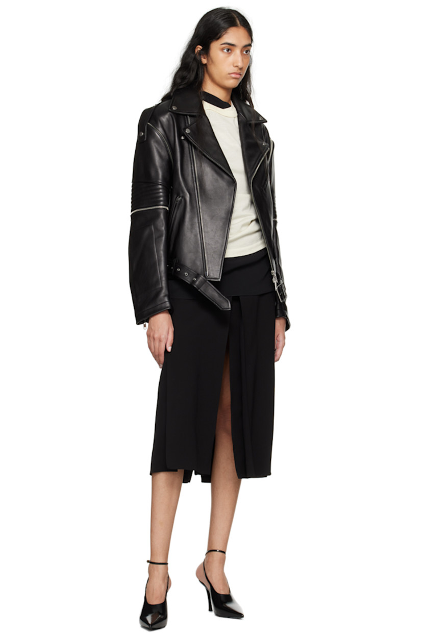 Buffed leather jacket. Pin-buckle strap at back yoke attaches to sleeves for alternate styling.

· Press-stud fastenings at notched lapel
· Offset two-way zip closure
· Flap pocket and zip pockets
· Belt loops and detachable pin-buckle belt at hem
· Quilted detailing at detachable sleeves
· Zip vent at elbows
· Zip expansion panel at cuffs
· Logo plaque at back
· Welt pocket at interior
· Full viscose satin lining
· Logo-engraved silver-tone hardware

Supplier color: Black