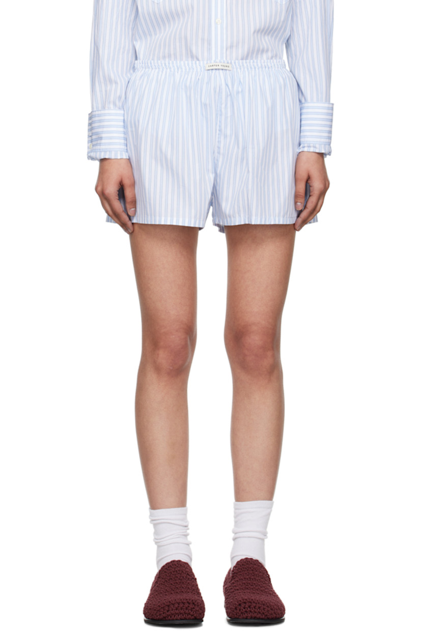Cotton oxford cloth boy shorts. Pinstripes throughout.

· Logo patch at elasticized waistband
· Single-pocket styling
· Vented outseams

Available exclusively at SSENSE.

Supplier color: Sapphire stripe