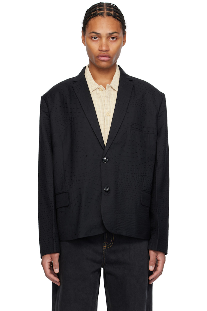 Wool twill blazer. Boro-style stitching throughout.

· Notched lapel
· Button closure
· Flap pockets
· Cropped hem
· Padded shoulders
· Four-button surgeon's cuffs
· Welt pockets at interior
· Full satin lining

Each item is unique. Please note that finishing may vary.

Supplier color: Black