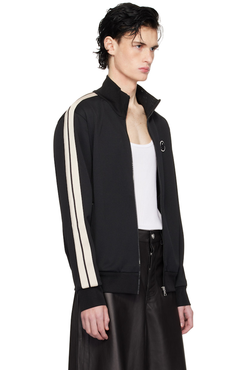 Polyester interlock jersey track jacket.

· Rib-knit stand collar, hem, and cuffs
· Zip closure
· Velour logo patch at chest
· Zip pockets
· Striped knit trim at sleeves 

Part of the Moncler Genius x Palm Angels collaboration.

Supplier color: Black