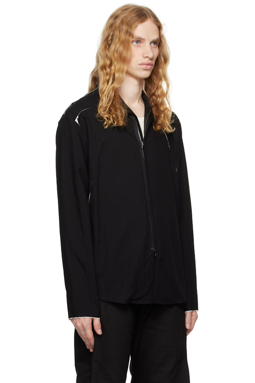 Rayon- and nylon-blend poplin jacket. Raw edges throughout.

· Paneled construction
· Spread collar
· Concealed two-way zip closure
· Exposed lining at front, shoulders, and back yoke
· Shirttail hem
· Press-stud hardware at back yoke

Supplier color: Black